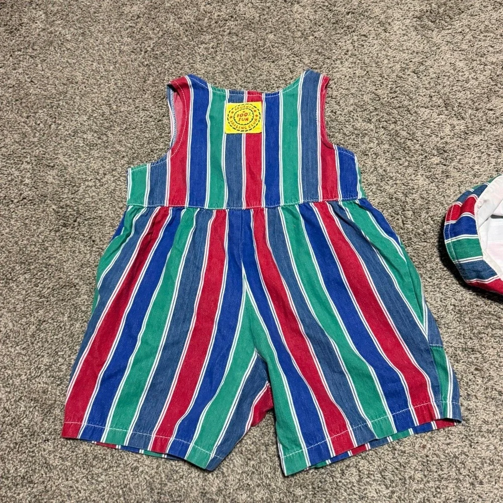 Vintage color Block Kids 4T Striped Shortall Romper Matching Hat Made Canada